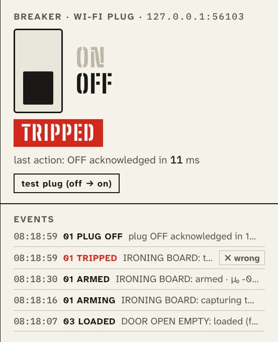 The overlay's breaker panel: OFF, a red TRIPPED flag, and the event log with 01 TRIPPED and 01 PLUG OFF